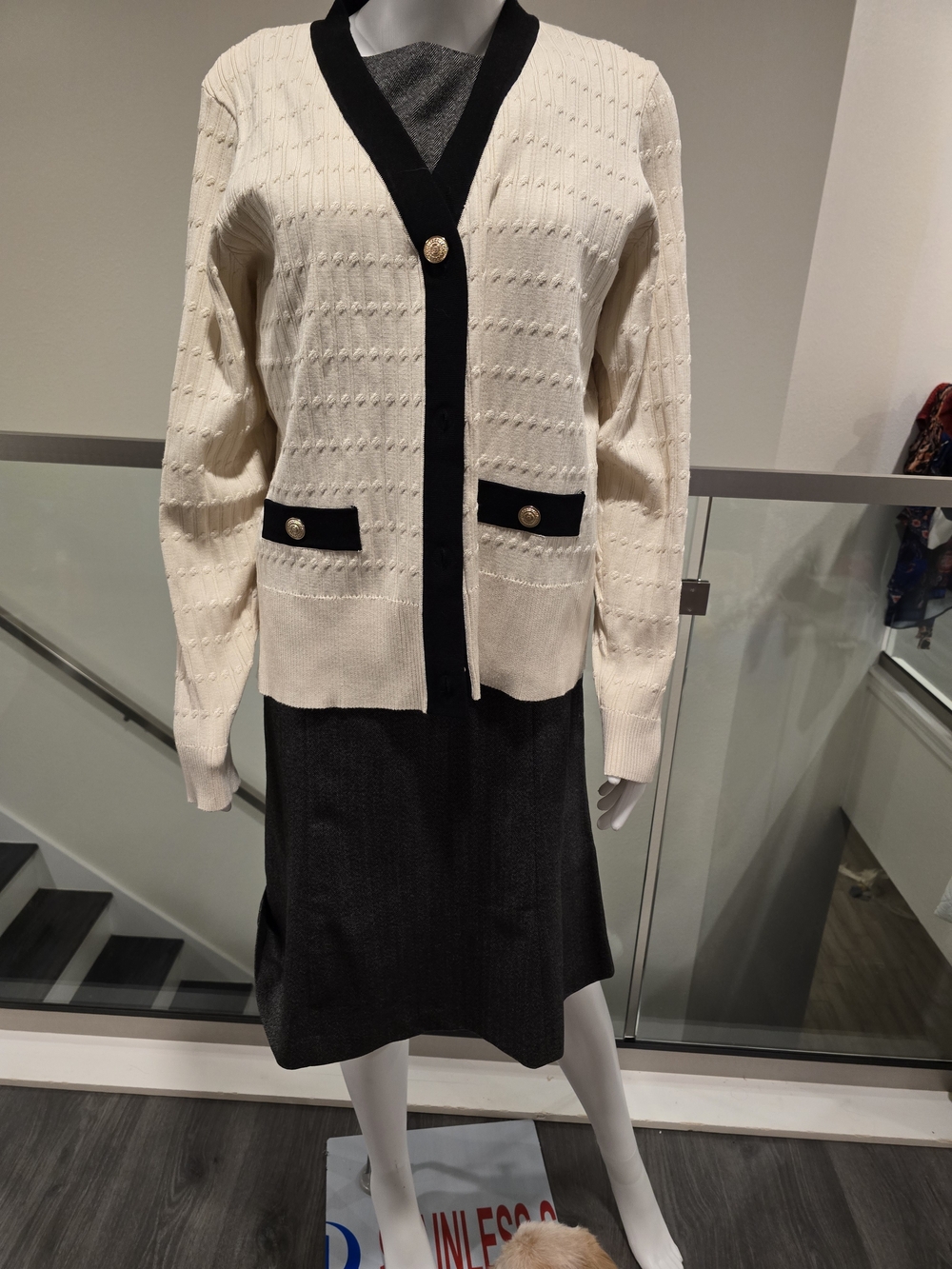 Adrianna Papell Cream Cardigan with Black Trim